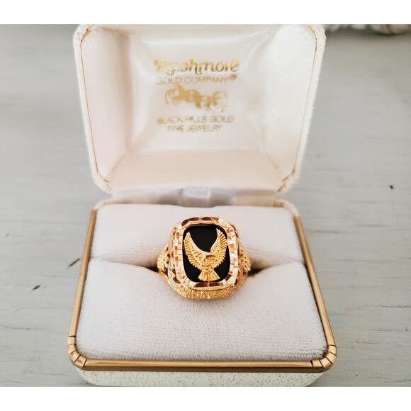 Vintage Rushmore Designer 10K Black Hills Gold Onyx Men's Harley Davidson Ring - Picture 2 of 6